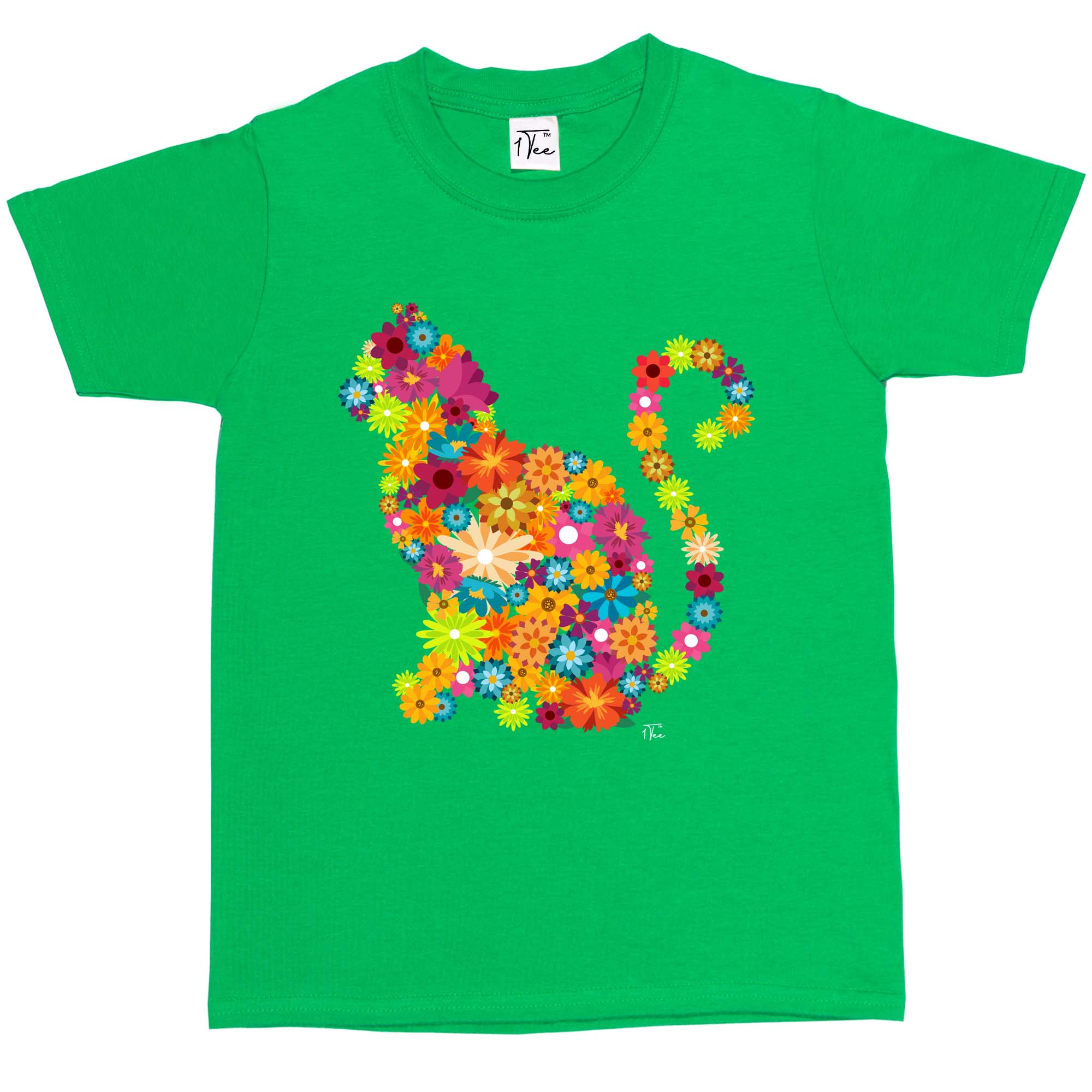 1Tee Kids Girls Cat Silhouette Floral T-Shirt - Picture 16 of 30