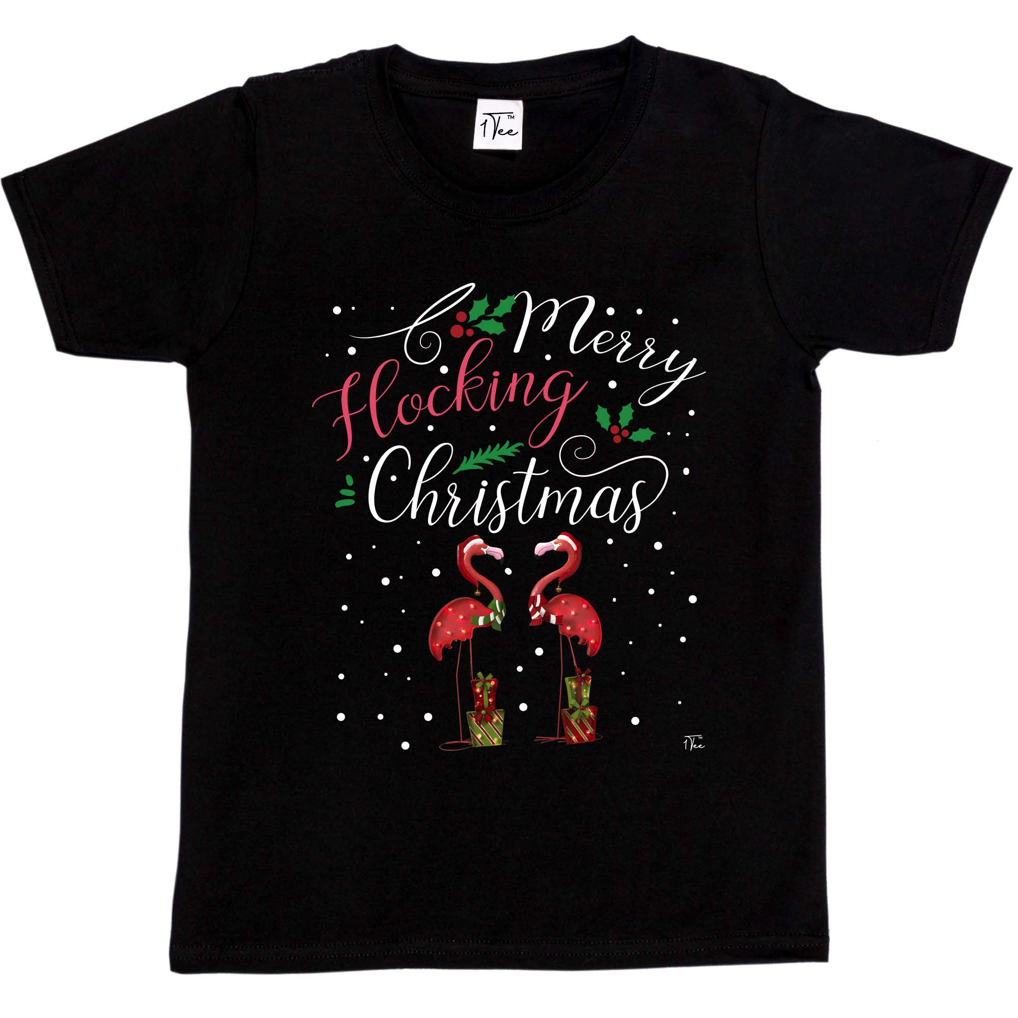 1 T-Shirt Kinder Mädchen Frohe Beflockung Weihnachten Flamingo Stechpalme - Bild 11 von 25
