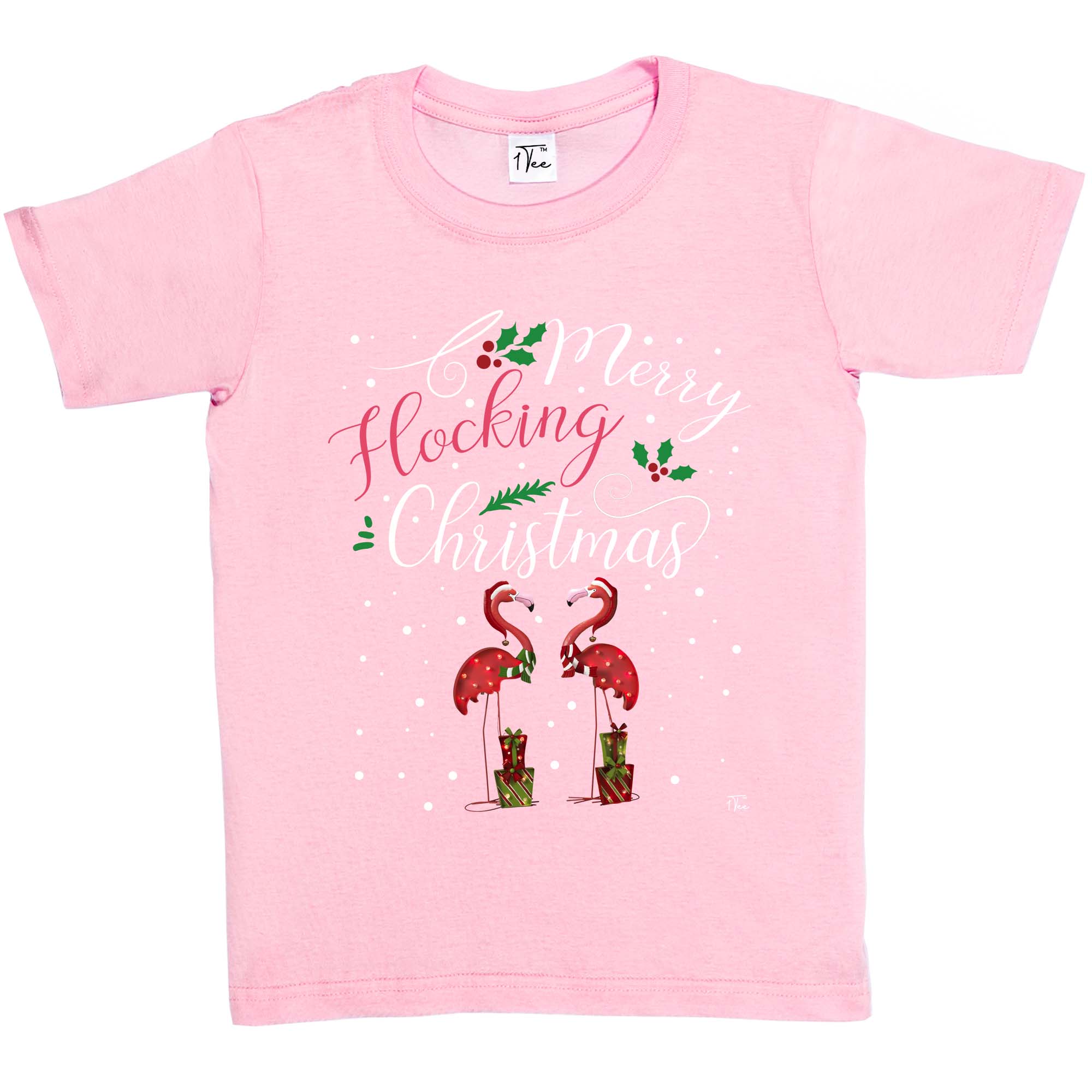 1 T-Shirt Kinder Mädchen Frohe Beflockung Weihnachten Flamingo Stechpalme - Bild 6 von 25
